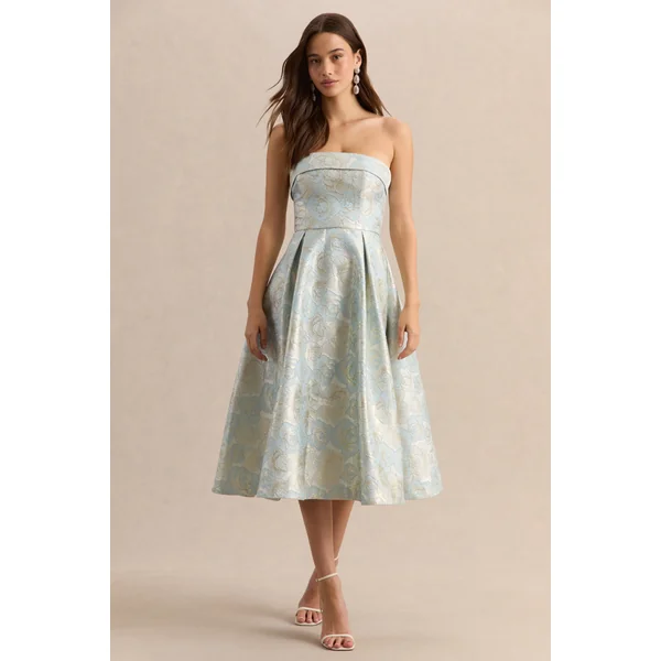 Tori | Robe mi-longue patineuse bandeau en jacquard bleu poudré