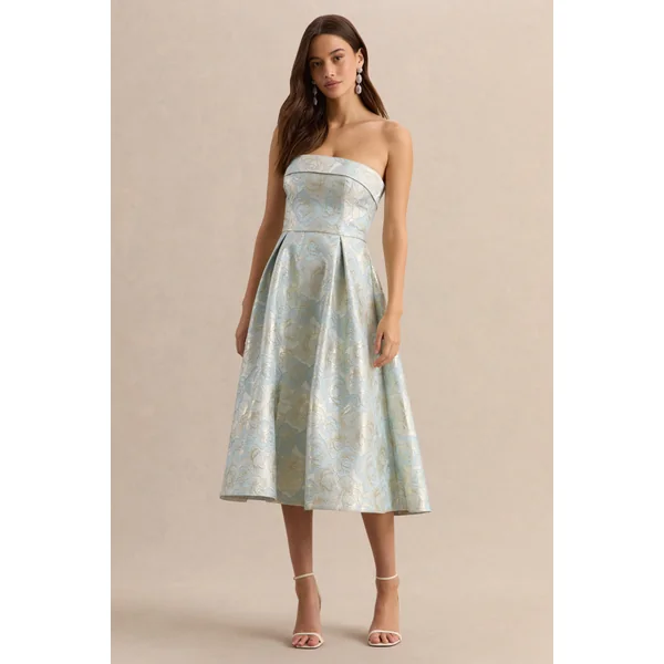 Tori | Robe mi-longue patineuse bandeau en jacquard bleu poudré