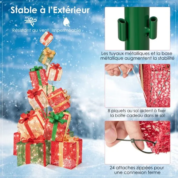 Tour de Boîtes Cadeaux Éclairées 170 cm avec 15 Boîtes Pré-Éclairées Empilées 450 Lumières Base en Métal Rubans et Nœuds