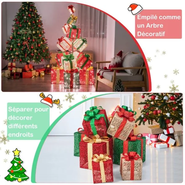 Tour de Boîtes Cadeaux Éclairées 170 cm avec 15 Boîtes Pré-Éclairées Empilées 450 Lumières Base en Métal Rubans et Nœuds