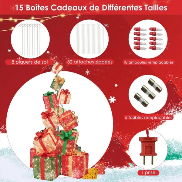 Tour de Boîtes Cadeaux Éclairées 170 cm avec 15 Boîtes Pré-Éclairées Empilées 450 Lumières Base en Métal Rubans et Nœuds