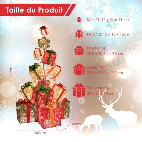Tour de Boîtes Cadeaux Éclairées 170 cm avec 15 Boîtes Pré-Éclairées Empilées 450 Lumières Base en Métal Rubans et Nœuds