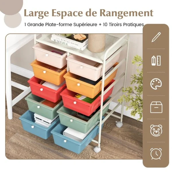 Tour de Rangement à Roulettes- 10 Tiroirs Amovibles 65,5 x 37 x 87 CM Format A4 et et Lettre 12 Couleurs au Choix