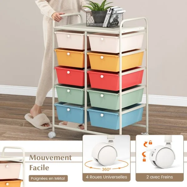 Tour de Rangement à Roulettes- 10 Tiroirs Amovibles 65,5 x 37 x 87 CM Format A4 et et Lettre 12 Couleurs au Choix