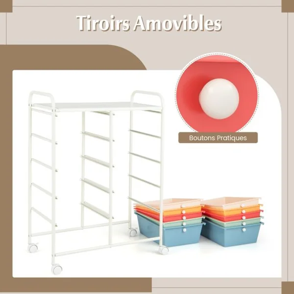 Tour de Rangement à Roulettes- 10 Tiroirs Amovibles 65,5 x 37 x 87 CM Format A4 et et Lettre 12 Couleurs au Choix