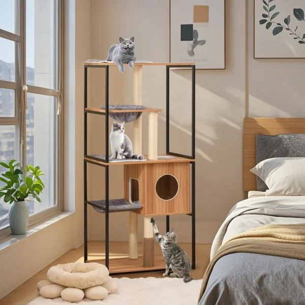 Tour Moderne pour Chats d'Intérieur de 160cm de Haut Cadre en Métal Perchoir Supérieur Rembourré Grandes Plateformes Naturel