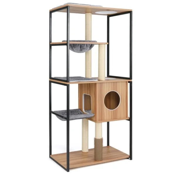 Tour Moderne pour Chats d'Intérieur de 160cm de Haut Cadre en Métal Perchoir Supérieur Rembourré Grandes Plateformes Naturel