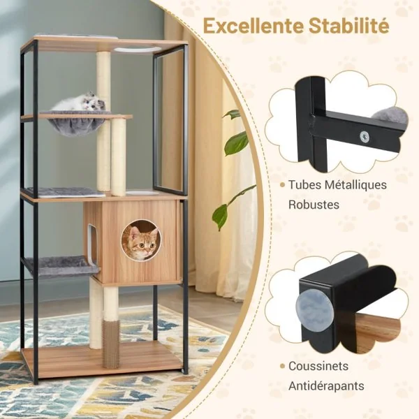 Tour Moderne pour Chats d'Intérieur de 160cm de Haut Cadre en Métal Perchoir Supérieur Rembourré Grandes Plateformes Naturel