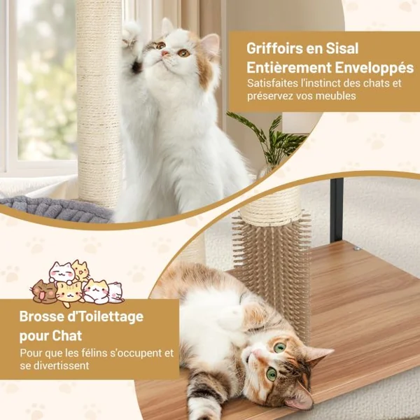 Tour Moderne pour Chats d'Intérieur de 160cm de Haut Cadre en Métal Perchoir Supérieur Rembourré Grandes Plateformes Naturel