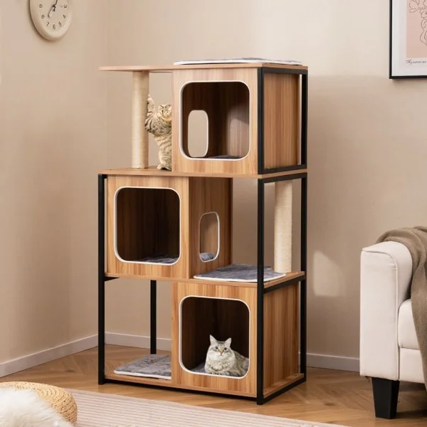 Tour pour Chats d’Intérieur Moderne avec Cadre en Métal Perchoir Supérieur Rembourré Grandes Plateformes Coussins Amovibles Naturel
