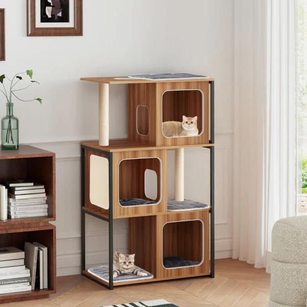 Tour pour Chats d’Intérieur Moderne avec Cadre en Métal Perchoir Supérieur Rembourré Grandes Plateformes Coussins Amovibles Naturel