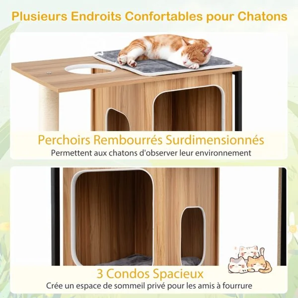 Tour pour Chats d’Intérieur Moderne avec Cadre en Métal Perchoir Supérieur Rembourré Grandes Plateformes Coussins Amovibles Naturel