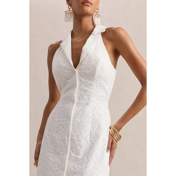 Tover | Robe longue blanche en broderie anglaise à encolure plongeante