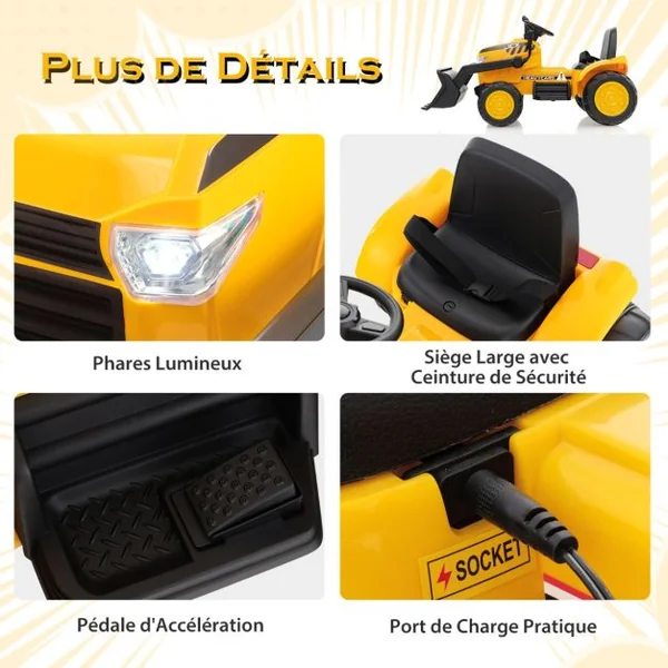 Tracteur Electrique 12V/7Ah Tractopelle pour Enfants Télécommande 2,4G Démarrage Progressif LED Musique 30 kg 3-8 Ans