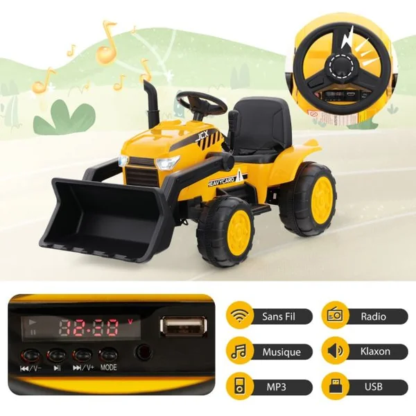 Tracteur Electrique 12V/7Ah Tractopelle pour Enfants Télécommande 2,4G Démarrage Progressif LED Musique 30 kg 3-8 Ans