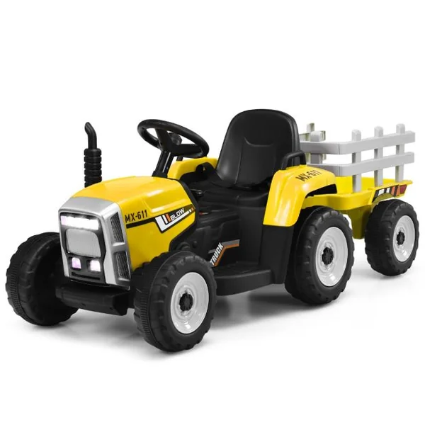 Tracteur Electrique avec Remorque pour Enfants 3 Vitesses Lumières LED Fonctions Audio USB et Bluetooth Jaune/Rose/Rouge/Vert/Vert Foncé/Noir