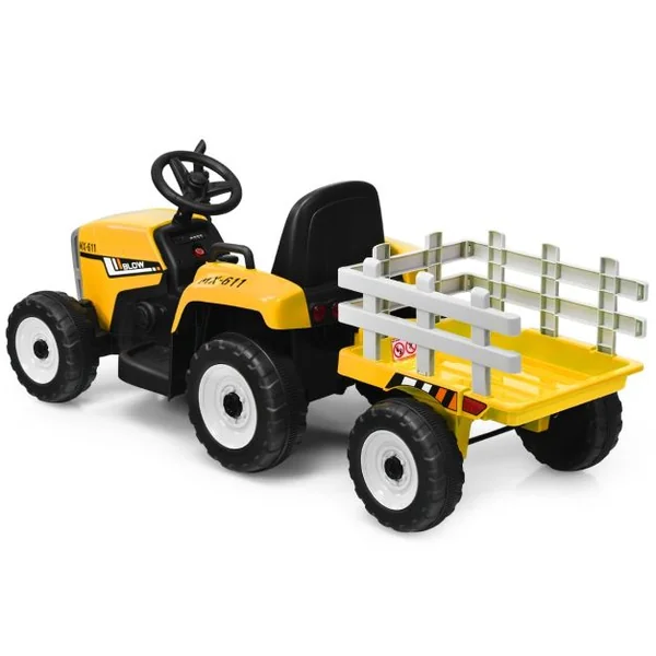 Tracteur Electrique avec Remorque pour Enfants 3 Vitesses Lumières LED Fonctions Audio USB et Bluetooth Jaune/Rose/Rouge/Vert/Vert Foncé/Noir