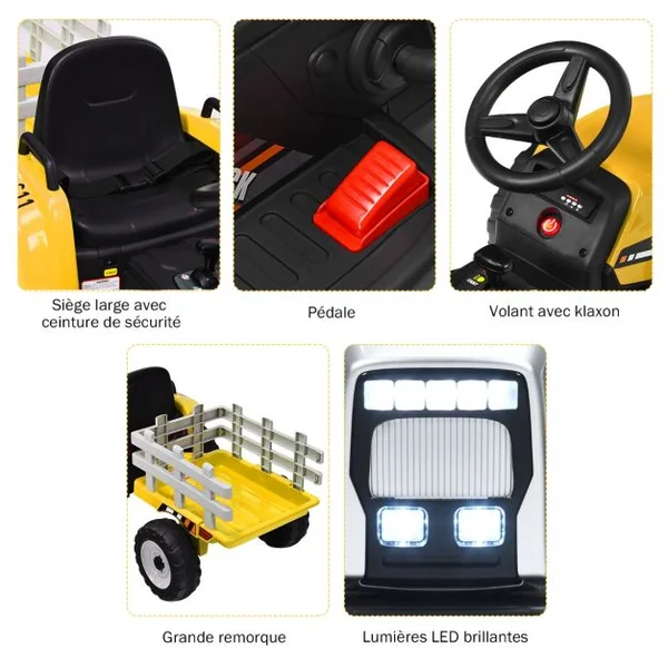 Tracteur Electrique avec Remorque pour Enfants 3 Vitesses Lumières LED Fonctions Audio USB et Bluetooth Jaune/Rose/Rouge/Vert/Vert Foncé/Noir