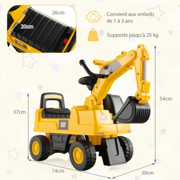 Tracteur pour Enfant Jouet Pelle avec Seau Rotatif Roues Anti-dérapantes Bouton Klaxon Stockage de Siège 25kg 1-3 Ans