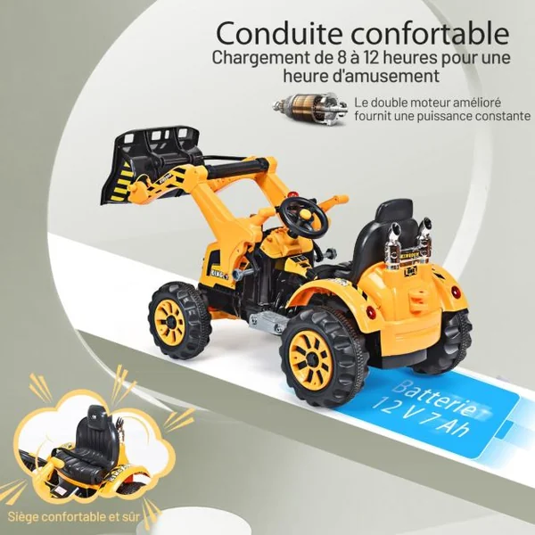 Tracteur pour Enfants 3-8 Ans Tracteur Electrique avec 2 Choix de Vitesse et Chargeuse Marche Avant et Arrière Bleu