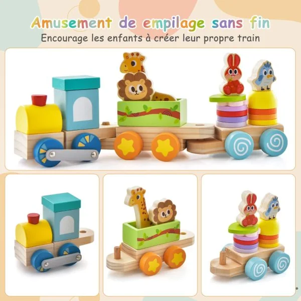 Train à Pousser en Bois 11 Pièces 3 Wagons Locomotive Rétractable Jouet d'Eveil en Bois Massif Sûr