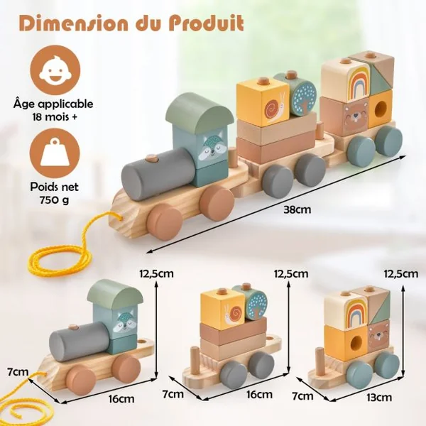 Train à Tirer en Bois 14 Pièces 3 Wagons Locomotive Rétractable Jouet d'Eveil en Bois Massif Sûr