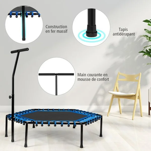 Trampoline de Fitness ø100CM avec Poignée en Forme T Réglable en Hauteur sur 3 Positions Charge Max. 150KG Bleu