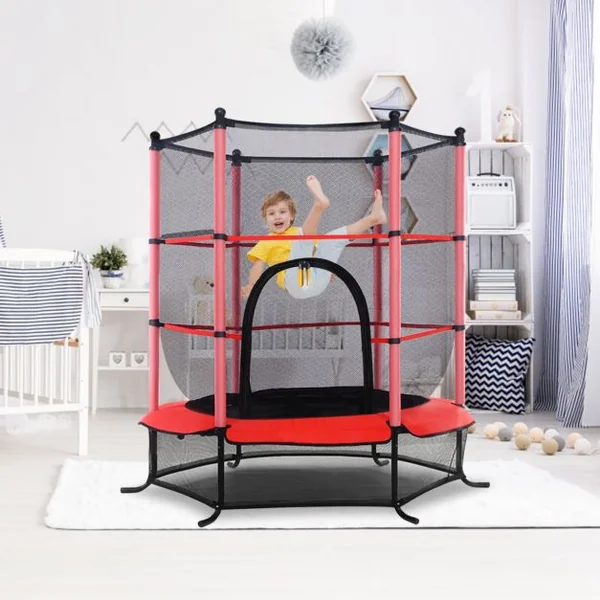 Trampoline de Jardin pour Enfant de 3 à 6 Ans Filet de Sécurité Coussinet de Protections Capacité 50kg 140x163 Cm Rouge