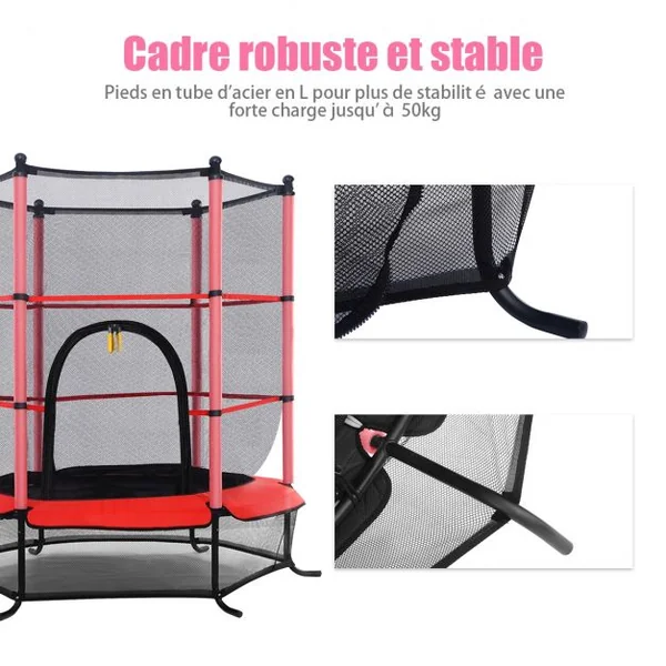 Trampoline de Jardin pour Enfant de 3 à 6 Ans Filet de Sécurité Coussinet de Protections Capacité 50kg 140x163 Cm Rouge