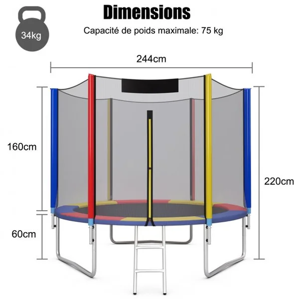 Trampoline de Jardin Ø 244cm avec Filet de Sécurité Porte Entrée Echelle Multicolore