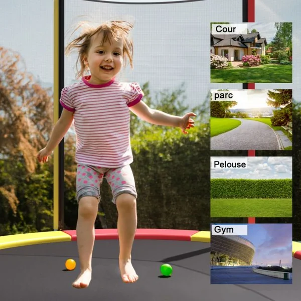 Trampoline de Jardin Ø 244cm avec Filet de Sécurité Porte Entrée Echelle Multicolore