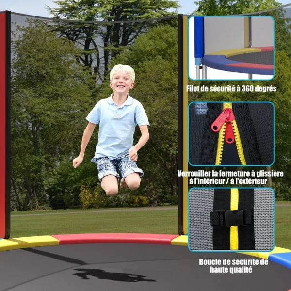 Trampoline de Jardin Ø 244cm avec Filet de Sécurité Porte Entrée Echelle Multicolore