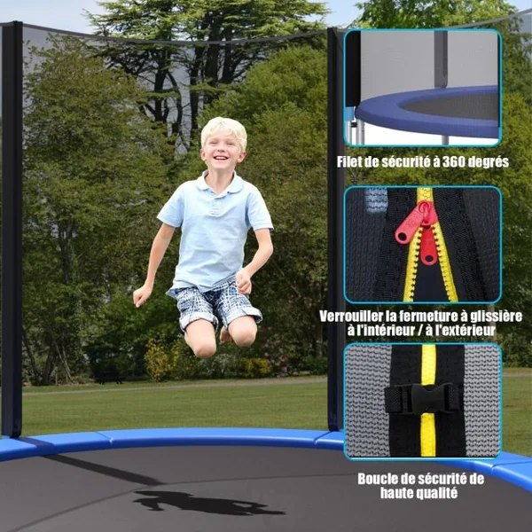 Trampoline de Jardin Ø 305cm avec Filet de Sécurité Porte Entrée Echelle Noir et Bleu