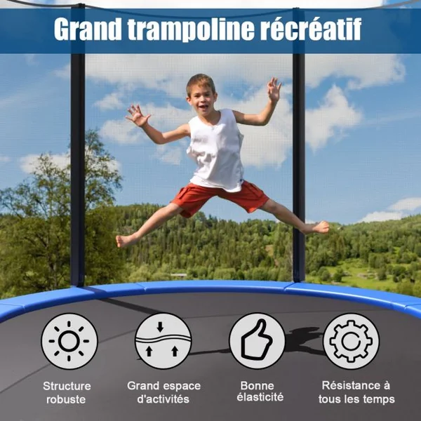 Trampoline de Jardin Ø 305cm avec Filet de Sécurité Porte Entrée Echelle Noir et Bleu