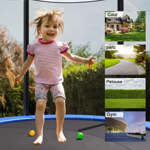 Trampoline de Jardin Ø 305cm avec Filet de Sécurité Porte Entrée Echelle Noir et Bleu