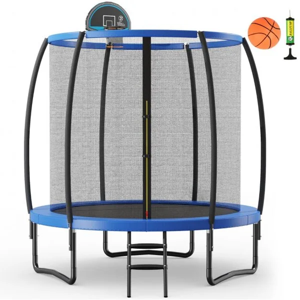 Trampoline Extérieur Ø 2,44 m avec Filet de Protection Panier de Basket Coussin de Sécurité Echelle 2 Marches Tapis de Saut