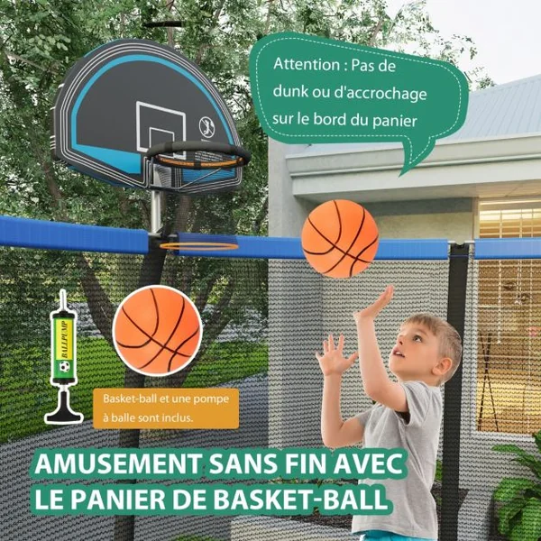 Trampoline Extérieur Ø 3,05 m avec Filet de Protection Panier de Basket Coussin de Sécurité Echelle 2 Marches Tapis de Saut