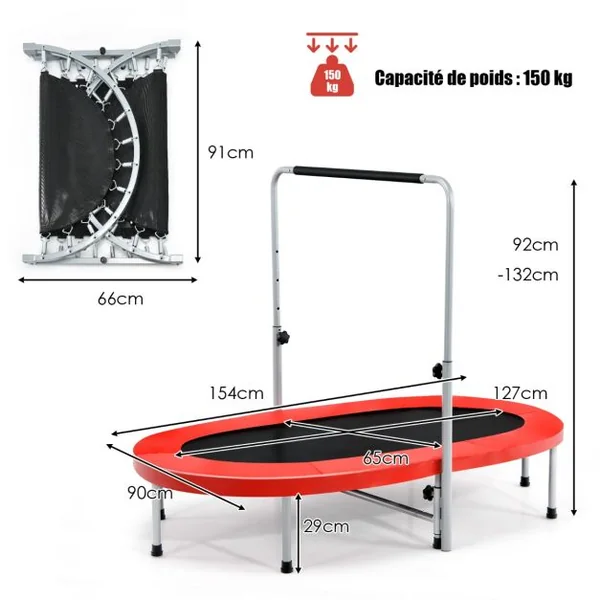Trampoline Pliable pour 2 Enfants Intérieur/Extérieur avec Main Courante Ajustable Coussin Tapis de Saut Charge 150kg Rouge/Bleu/Rose