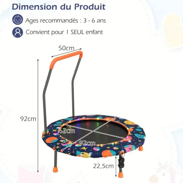 Trampoline pour Enfants Ø92CM Lumineux avec Poignée Amovible Charge 25KG pour Sports de Saut Intérieur Extérieur