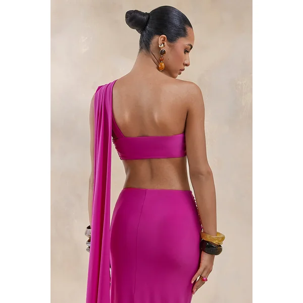 Tranquil | Top bandeau rose fuchsia avec découpe poitrine et drapé
