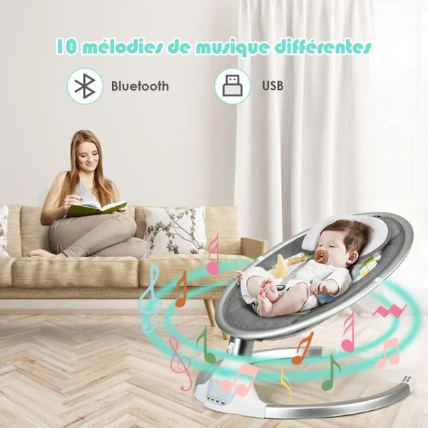 Transat Balancelle Electrique pour Bébé à 9KG avec Télécommande 5 Amplitudes de Vibration Minuterie 10 Musique Bluetooth/USB
