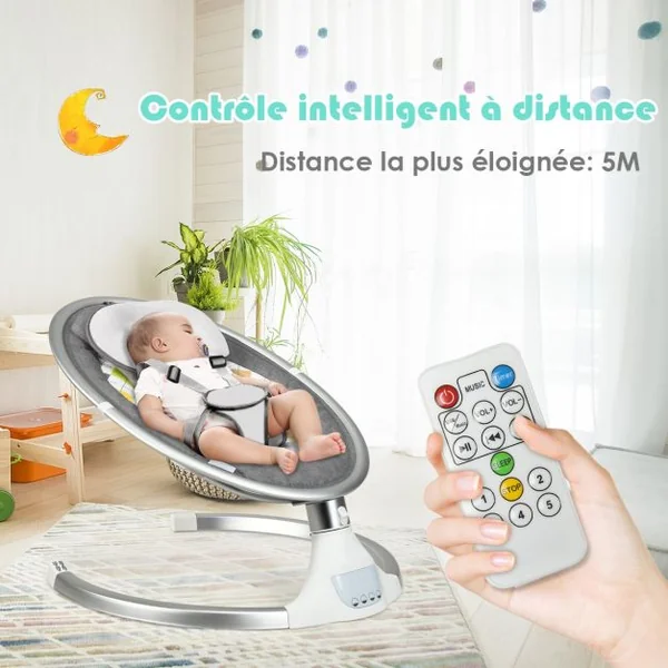 Transat Balancelle Electrique pour Bébé à 9KG avec Télécommande 5 Amplitudes de Vibration Minuterie 10 Musique Bluetooth/USB