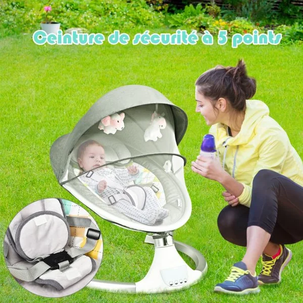 Transat Balancelle Electrique pour Bébé à 9KG avec Télécommande 5 Amplitudes de Vibration Minuterie 10 Musique Bluetooth/USB