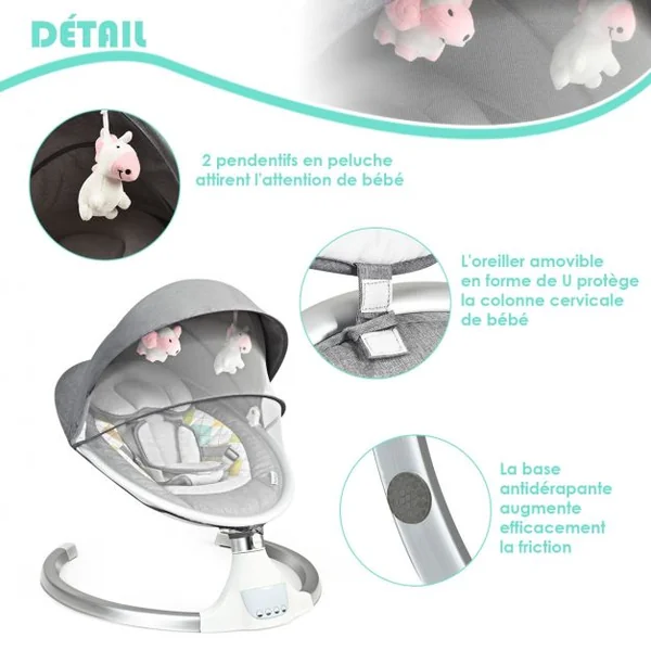 Transat Balancelle Electrique pour Bébé à 9KG avec Télécommande 5 Amplitudes de Vibration Minuterie 10 Musique Bluetooth/USB