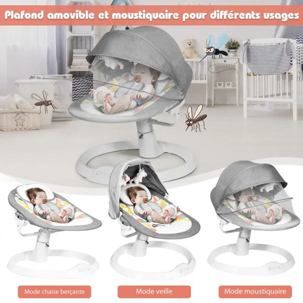 Transat Balancelle Electrique pour Bébé à 9KG avec Télécommande 5 Amplitudes de Vibration Minuterie Bluetooth/USB