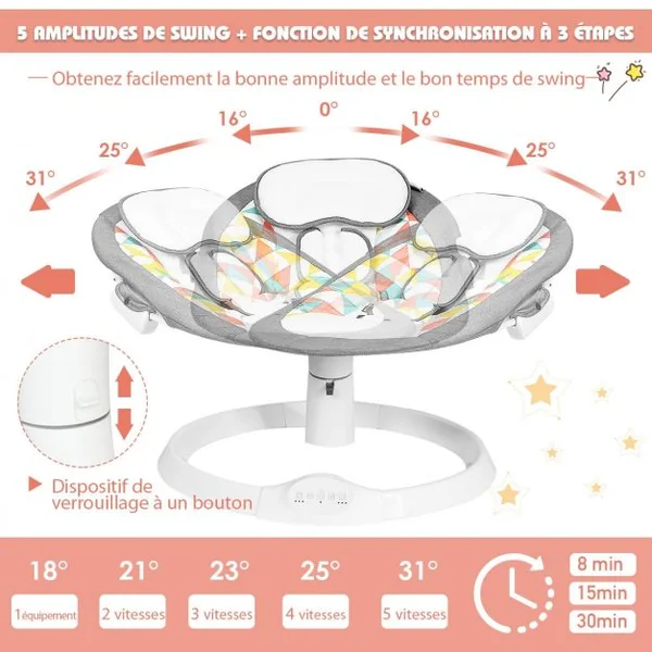 Transat Balancelle Electrique pour Bébé à 9KG avec Télécommande 5 Amplitudes de Vibration Minuterie Bluetooth/USB