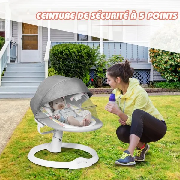 Transat Balancelle Electrique pour Bébé à 9KG avec Télécommande 5 Amplitudes de Vibration Minuterie Bluetooth/USB