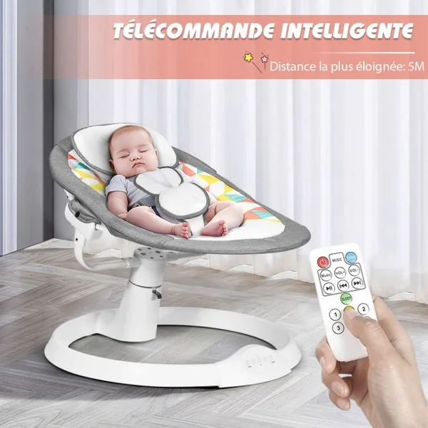 Transat Balancelle Electrique pour Bébé à 9KG avec Télécommande 5 Amplitudes de Vibration Minuterie Bluetooth/USB