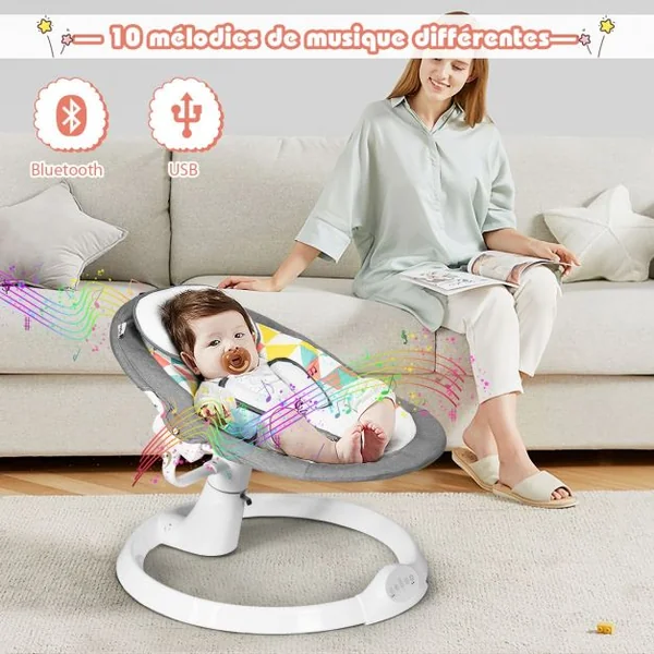 Transat Balancelle Electrique pour Bébé à 9KG avec Télécommande 5 Amplitudes de Vibration Minuterie Bluetooth/USB