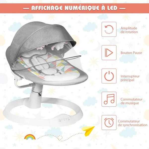 Transat Balancelle Electrique pour Bébé à 9KG avec Télécommande 5 Amplitudes de Vibration Minuterie Bluetooth/USB